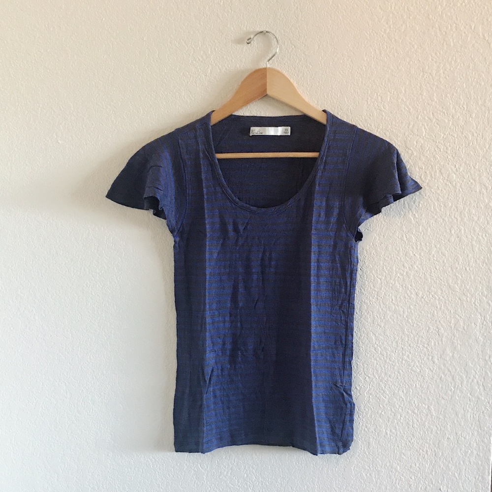 Hi-Line | Blue and Gray Linen Striped Top